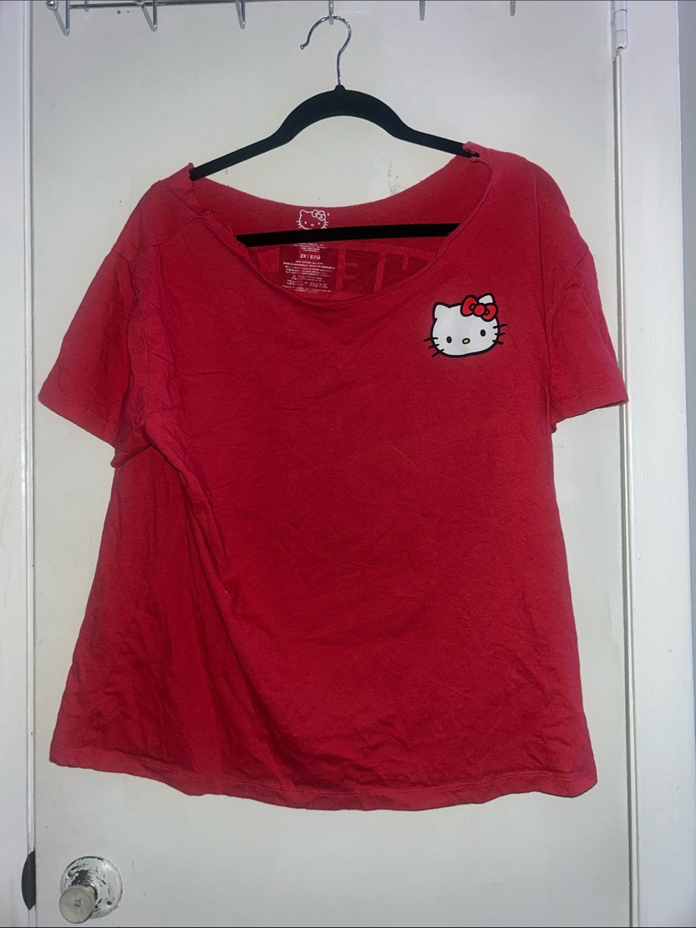 Off The Shoulder Hello Kitty Pink Short Sleeve Tee with Chest Patch